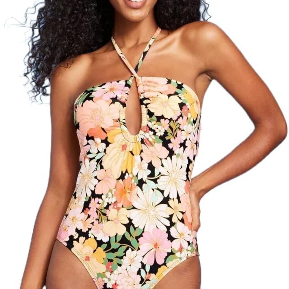 Shade & Shore Halter keyhole bandeau Floral one piece - Size Large